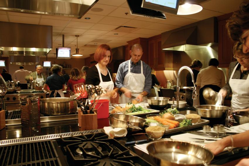 Learning to cook in the hands-on kitchen at the New York Wine and Culinary Center