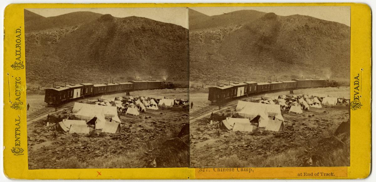 Alfred A. Hart (American, 1816–1908), Chinese Camp, at End of Track, 1868, albumen stereograph, courtesy Union Pacific Railroad Museum