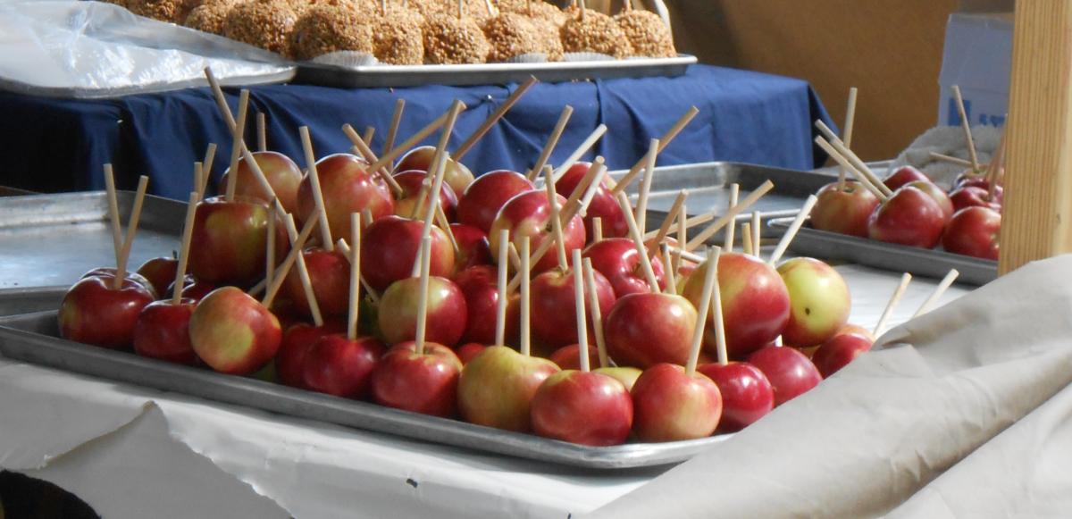 Apples waiting to be caramel-dipped at the Johnny Appleseed Festival