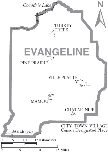 Map of Evangeline Parish, with municipal labels