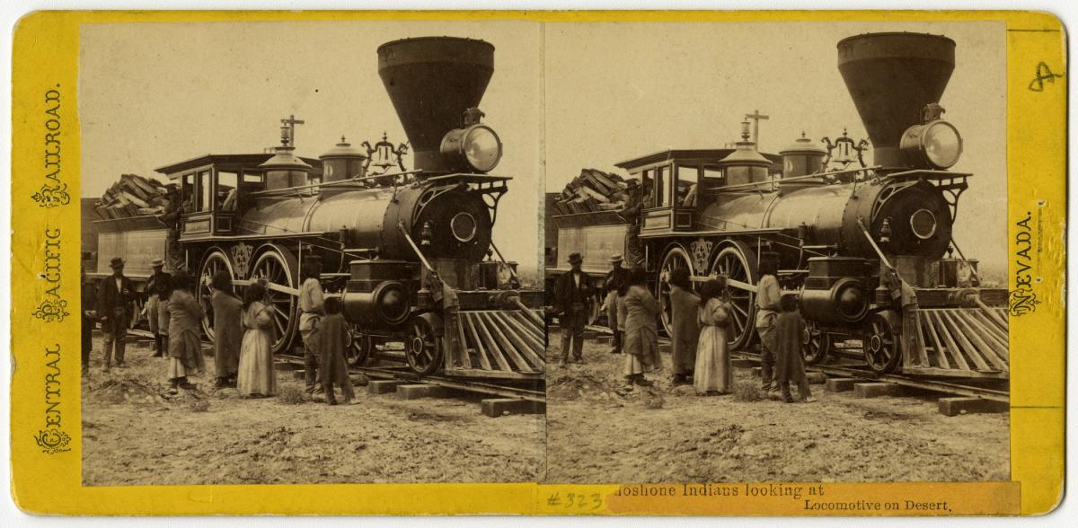Alfred A. Hart (American, 1816–1908), Shoshone Indians Looking at Locomotives on Desert, 1868, albumen stereograph, courtesy Union Pacific Railroad Museum