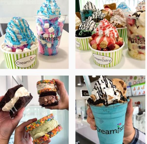A collage of pictures of different customer creations at the ice cream shop Creamistry. 