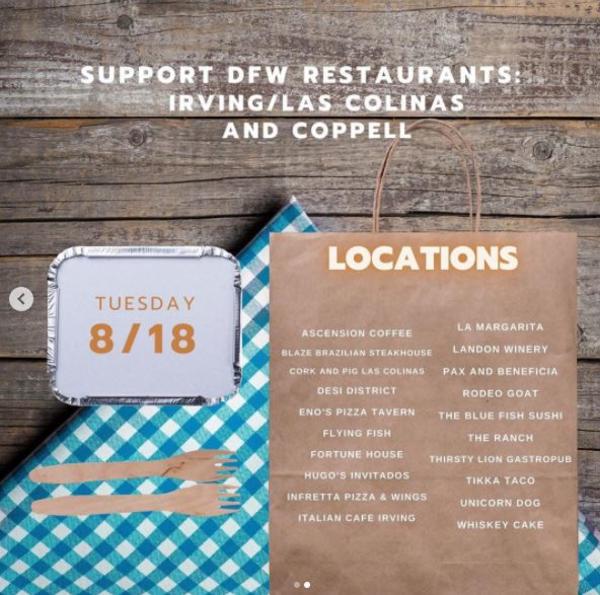 An information text box outlines the details surrounding August 2020's Takeout Tuesday in the DFW area.