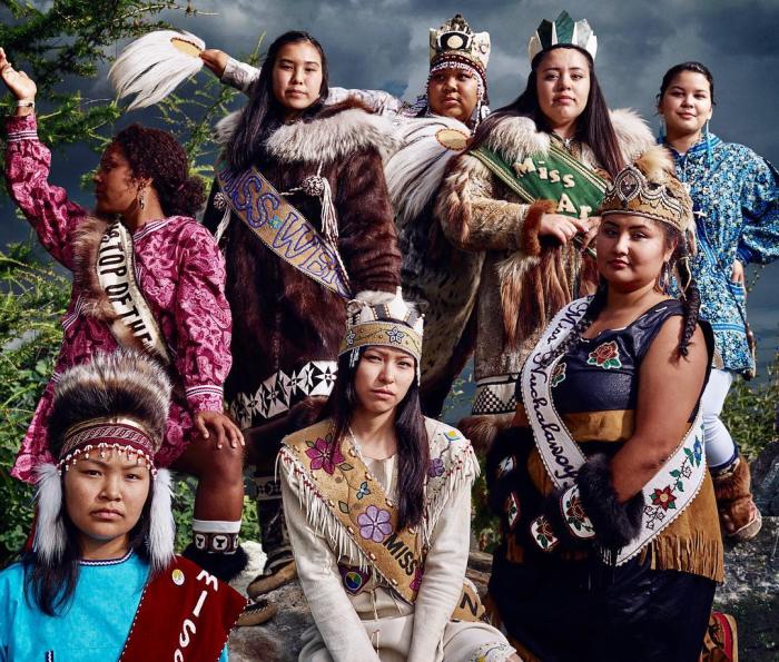 Alaska Native women princesses dressed in traditional clothing and royal regalia