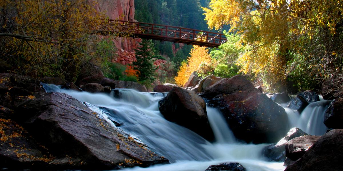 Waterfall at Eldorado Springs State Park in the fall