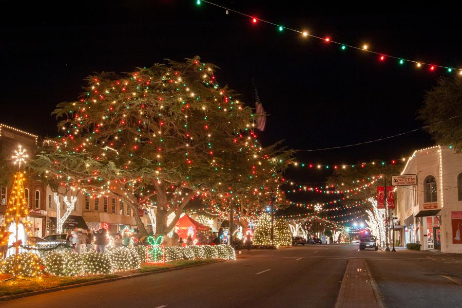 Downtown Forest City, NC decorated with stunning Christmas lights stringing over every bush, tree, and building.