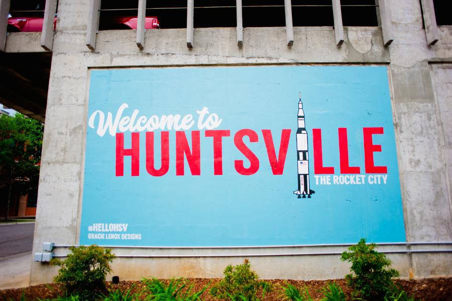 The Big Spring Park Huntsville Mural reads: Welcome to Huntsville.