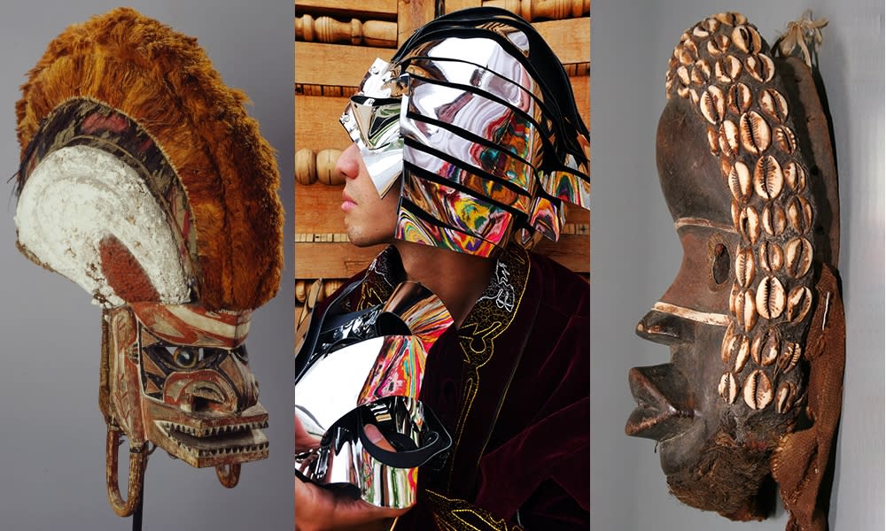 Left: Mask (Tatanua), 19th-20th century Middle: Marisa Morán Jahn, The Sacrifice, 2018 Right: Poro Society Mask, 20th century