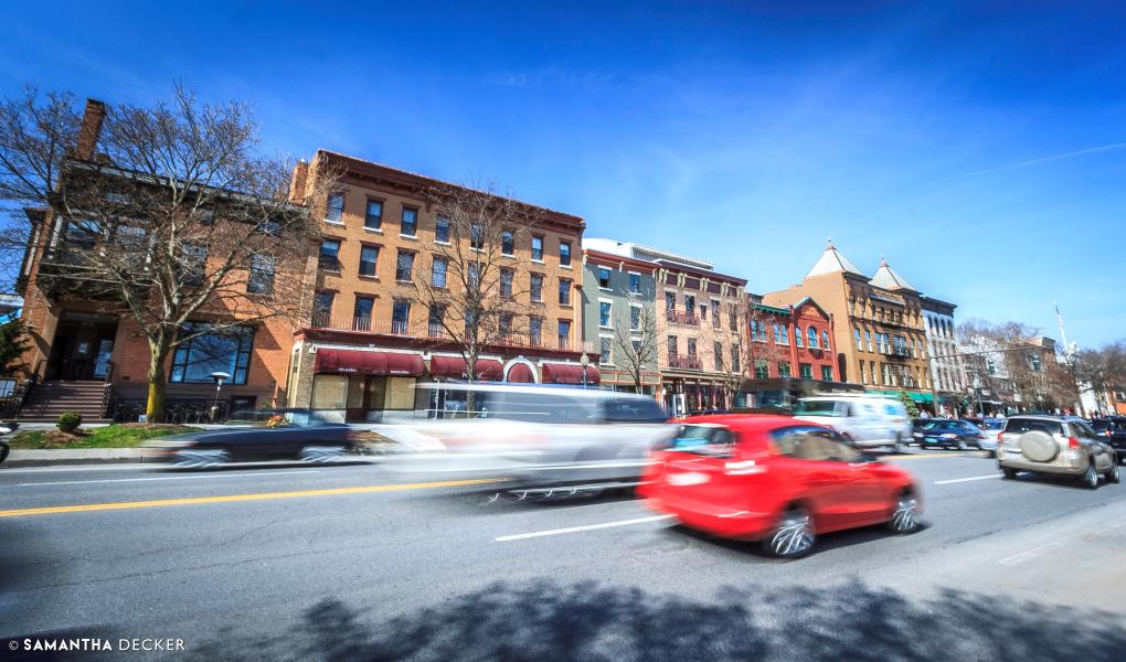 Cars driving through downtown Saratoga Springs