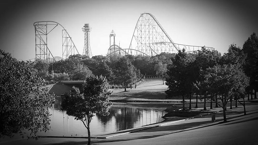 Photo of Six Flags Over Texas in black and white