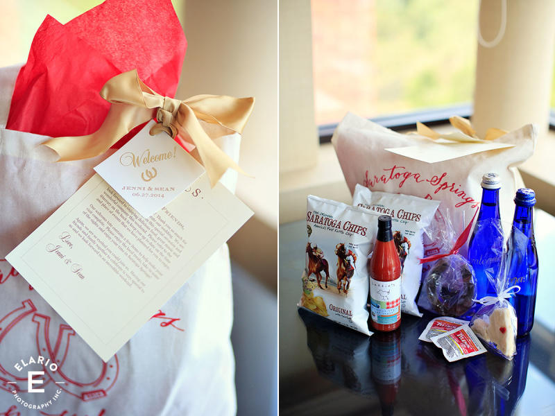 A wedding welcome basket display with local Saratoga products