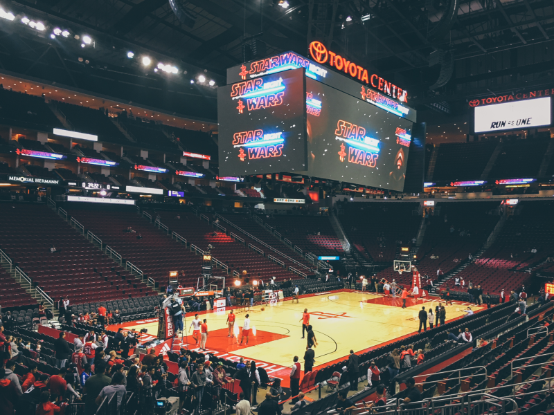 View of the basketball court in the Toyota Center in downtown Houston