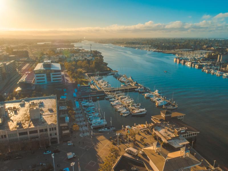 Waterfront view from first floor of Jack London Square in Oakland, CA