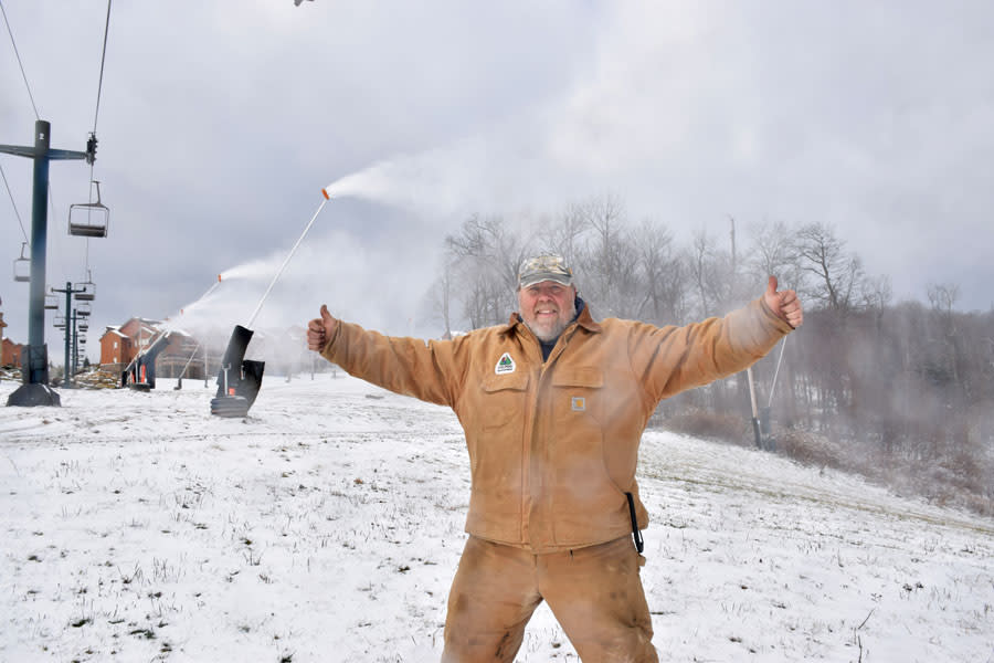Mountain Manager Kirk Russel gives two thumbs up for snowmaking
