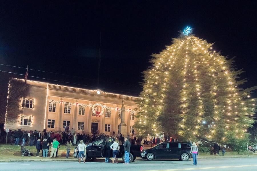 People gathering around for a Christmas Tree lighting in Rutherford County, NC.