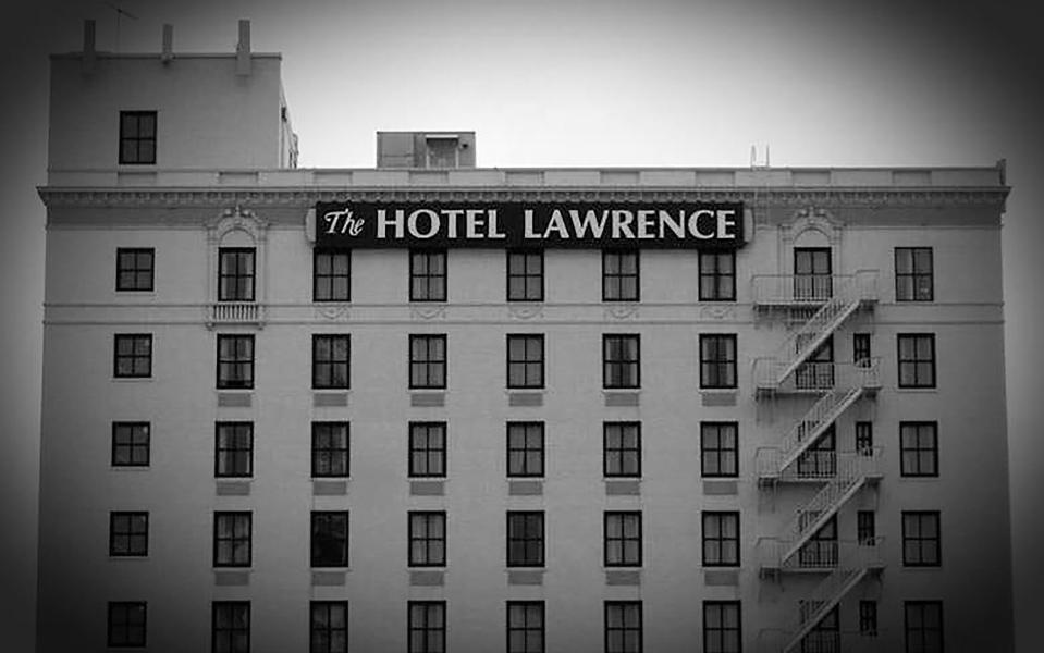 Black and white photo of exterior of Hotel Lawrence