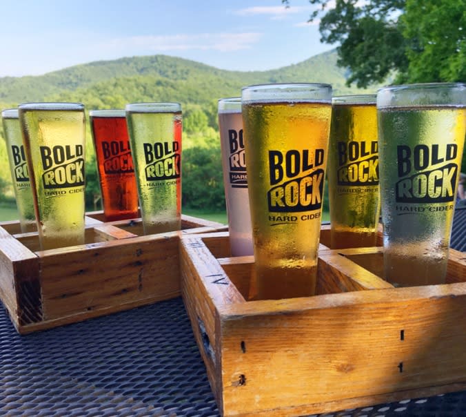  Bold Rock Cider glasses with mountains in the background 