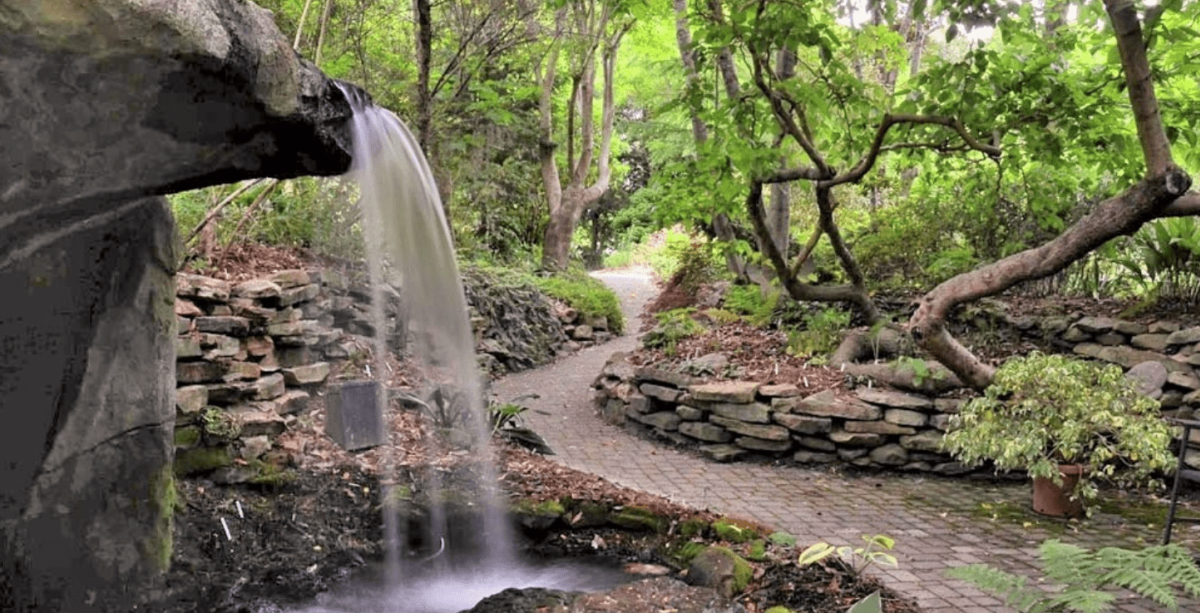 Green garden with paved walkway and 8-foot fountain pouring down