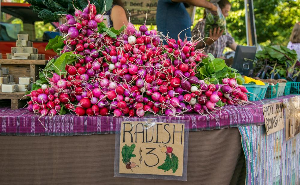 Radishes for sale at the Tuesday Market in Bloomington