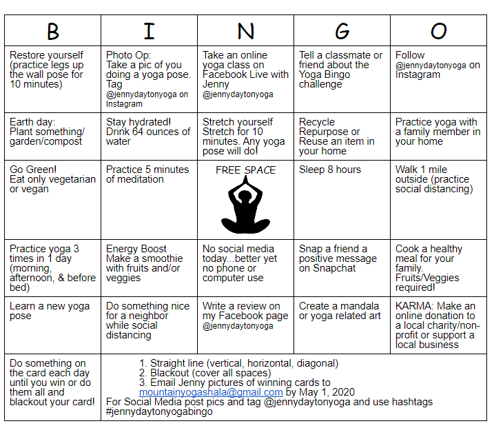 Jenny Dayton Yoga Bingo Card