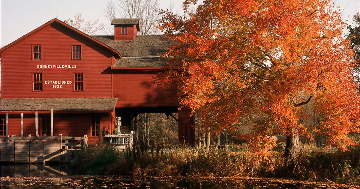 A large red, wooden building with the words "Bonneyville Mills Established 1832" with a large maple tree with bright orange leaves to the right
