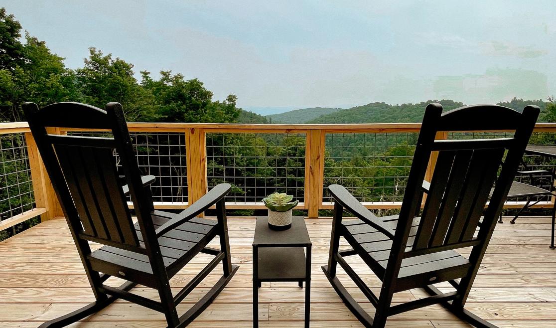 Harmony View Deck with Rocking Chairs overlooking the mountains