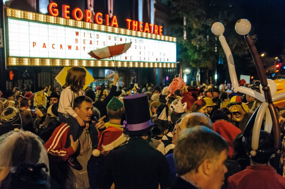 Crowds of people outside the Georgia Theatre during Wild Rumpus Halloween Parade