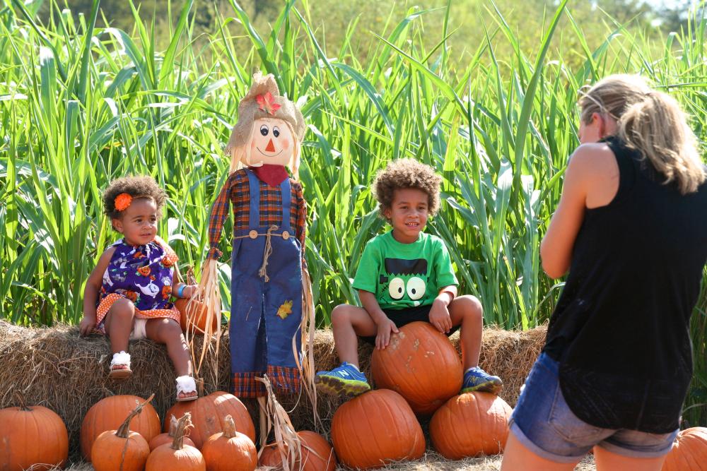 Mother takes photo of children in the Fall Pumpkin Patch at Barton Hill Farms.