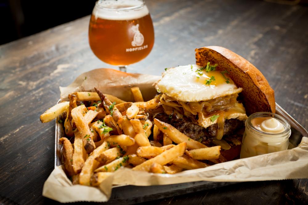 Burger fries and beer from Hopfields