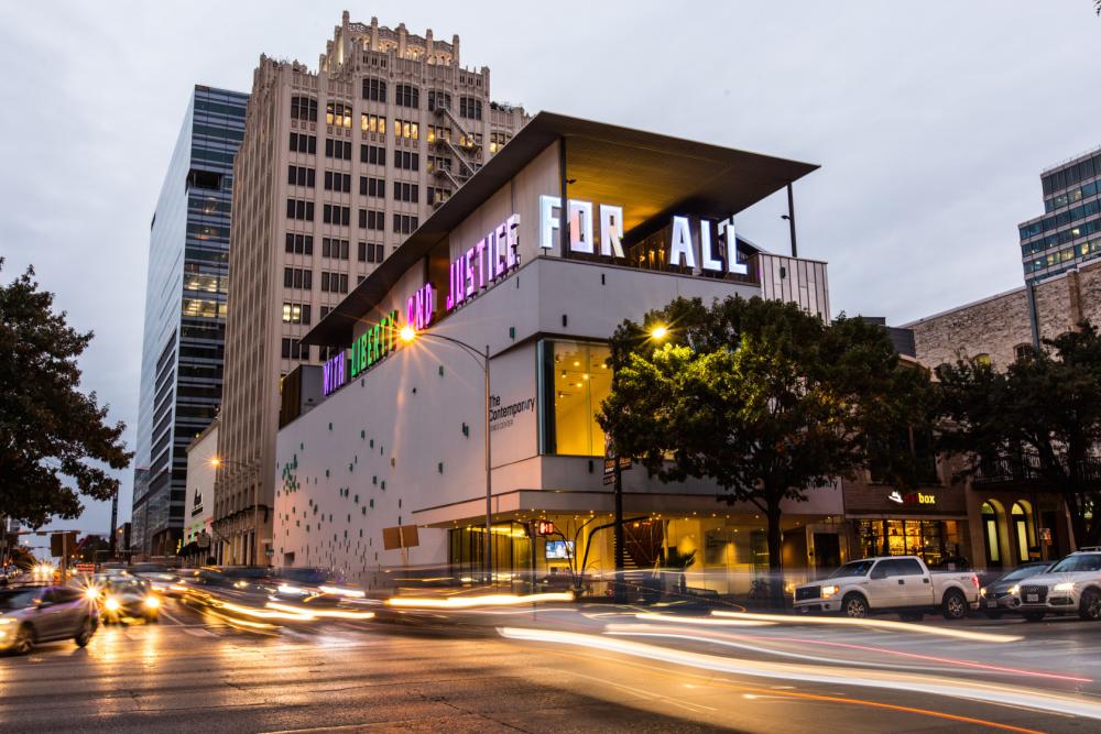 The Contemporary Austin Jones Center With Liberty And Justice For All exterior display