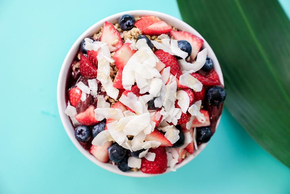 Acai bowl with berries and coconut from Blenders and Bowls in Austin Texas