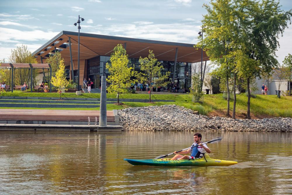 A kayaker paddles along the St Marys River at Promenade Park