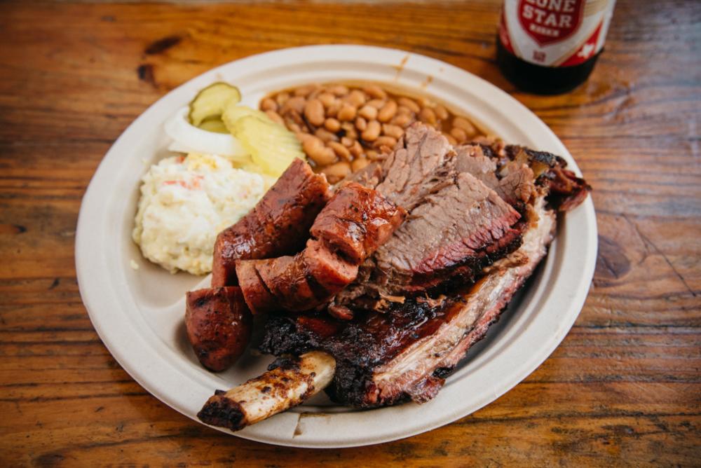 Iron Works Barbecue platter with Lone Star Beer