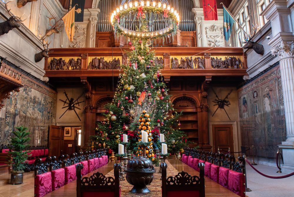 A 35-foot Fraser fir tree serves as the centerpiece for Christmas at Biltmore in Asheville, NC
