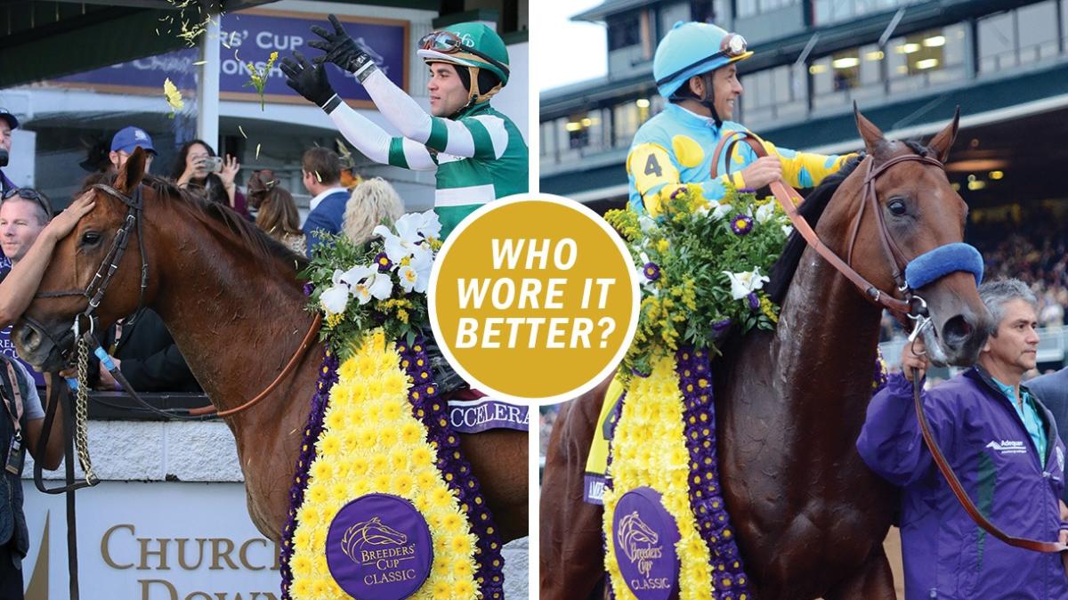 A two panel image with two different horses and jockeys with a Breeders' Cup winner's laurel that says "Who wore it better?" in the center.