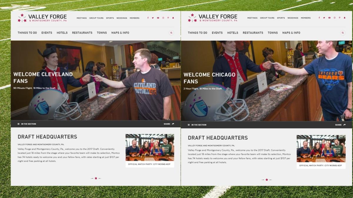 This side-by-side view of a landing page from the website of the Valley Forge Tourism & Convention Board (VFTCB) shows how geo-locating technology is helping position content to specific markets nationwide. A photo of the same model wearing different team jerseys is used to connect with fans from NFL Draft-centric cities, supplying them with individualized information about the appeal of the county for overnight stays related to the April event.