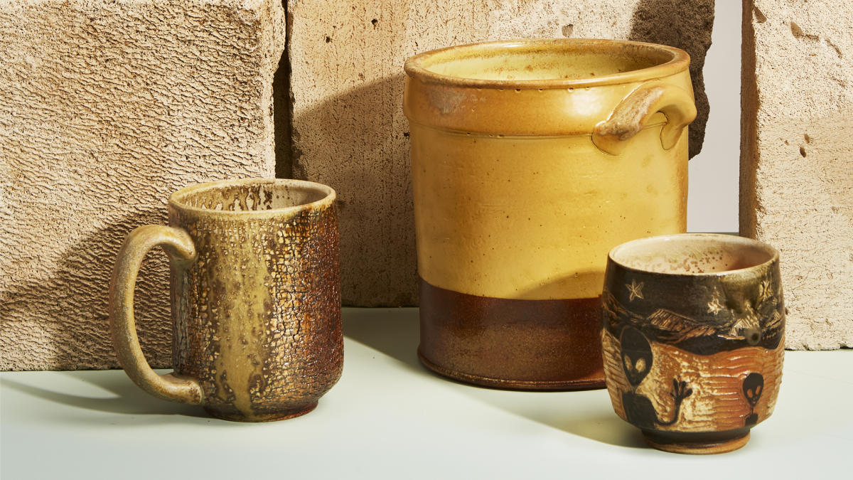 Textural mug, Utensil crock, and Alien Yunomi Earthfired Pottery