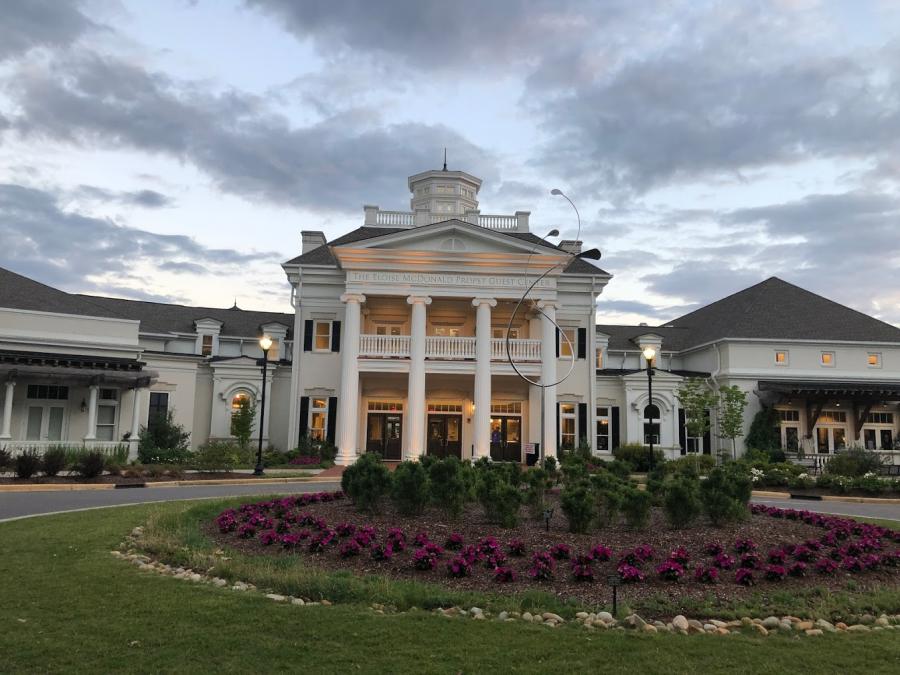 The grand entrance of the Huntsville Botanical Garden welcomes guests after hours.