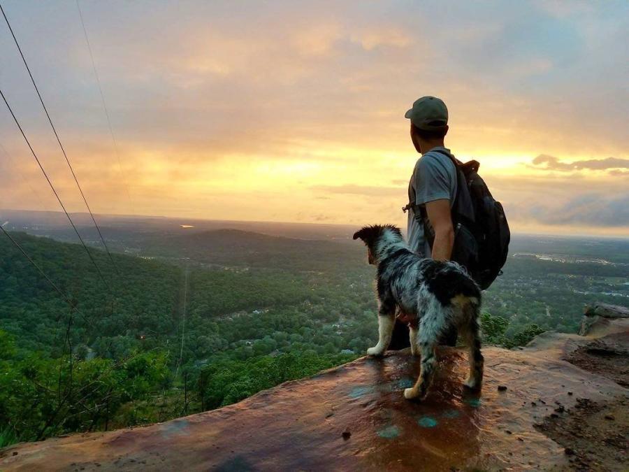 A hiker enjoys the view of Huntsville, AL with his Australian Sheppard puppy.