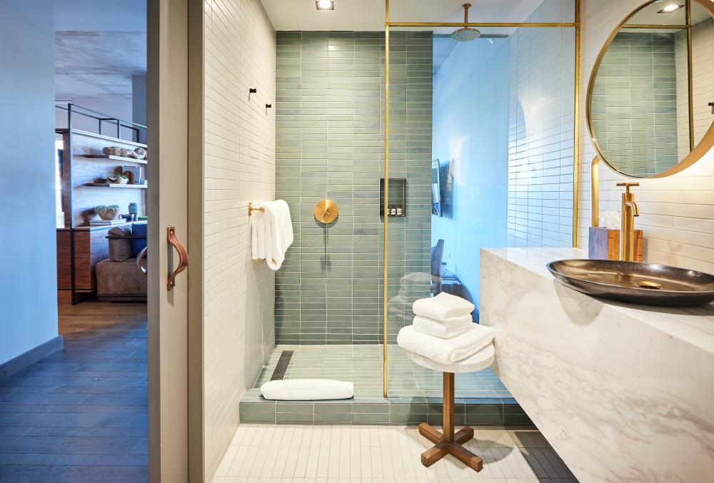 Bathroom in guest room at South Congress Hotel in Austin Texas