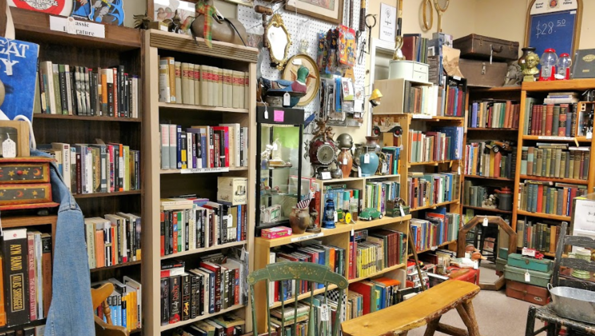 Vintage Treasures interior with bookshelves