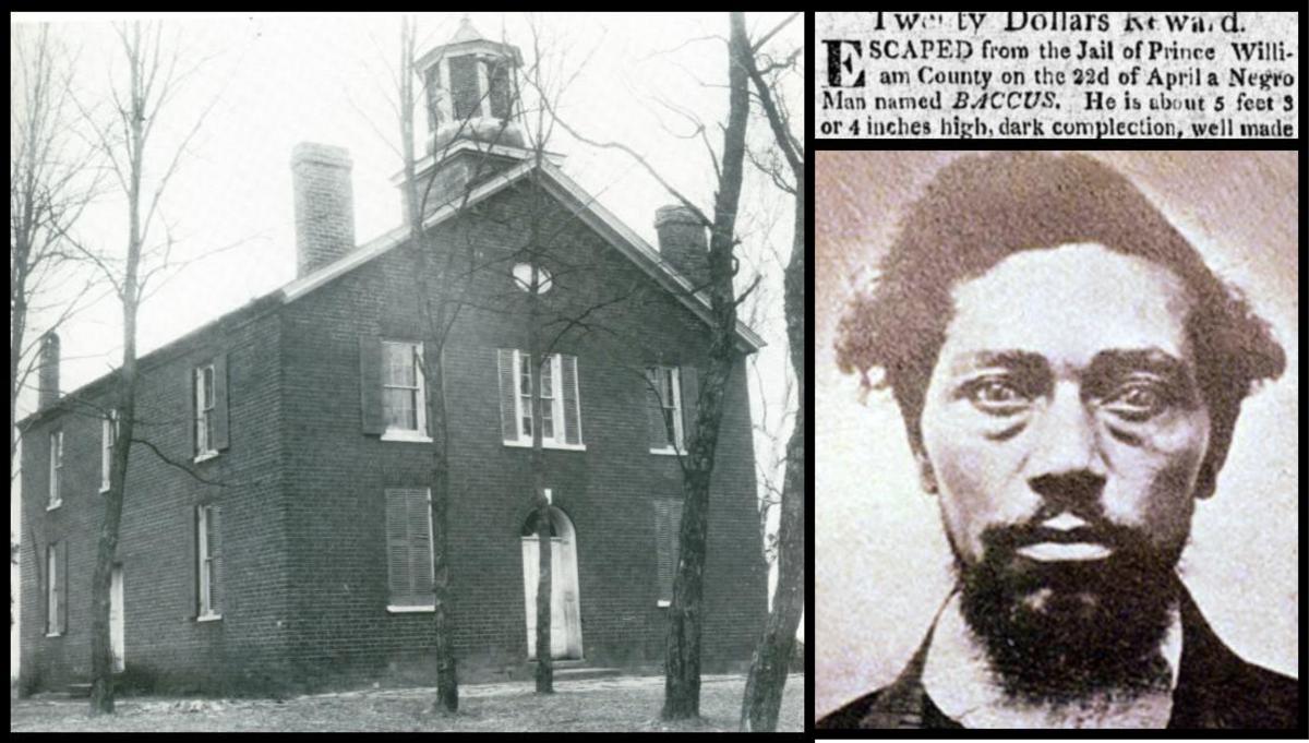 2 black and white images one of the exterior of Brentsville Courthouse the other of a wanted poster for an escaped slave