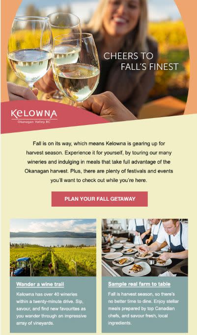 Photo of Tourism Kelowna e-mail marketing advertising sample