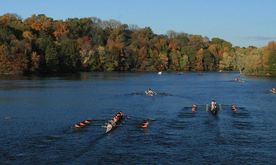 Rowers racing on Lake Carnegie near Princeton, NJ