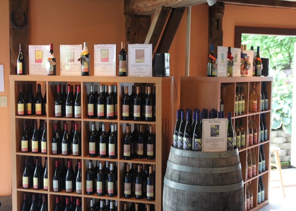 Photo of shelves holding wine at the Billsboro Winery in Geneva