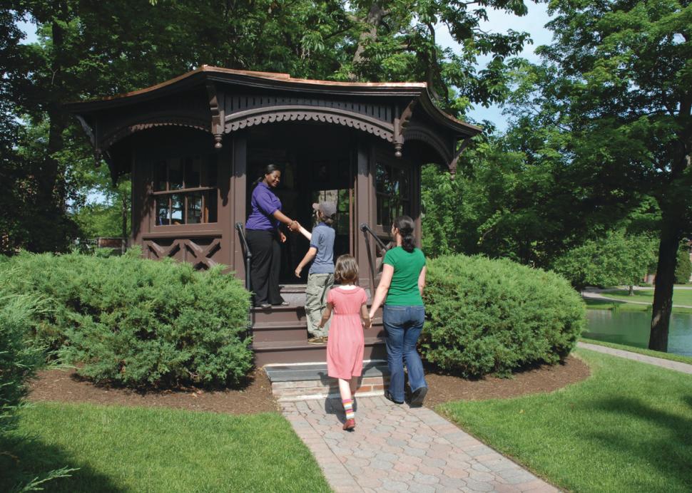 Family entering Mark Twain's writing study at Elmira College