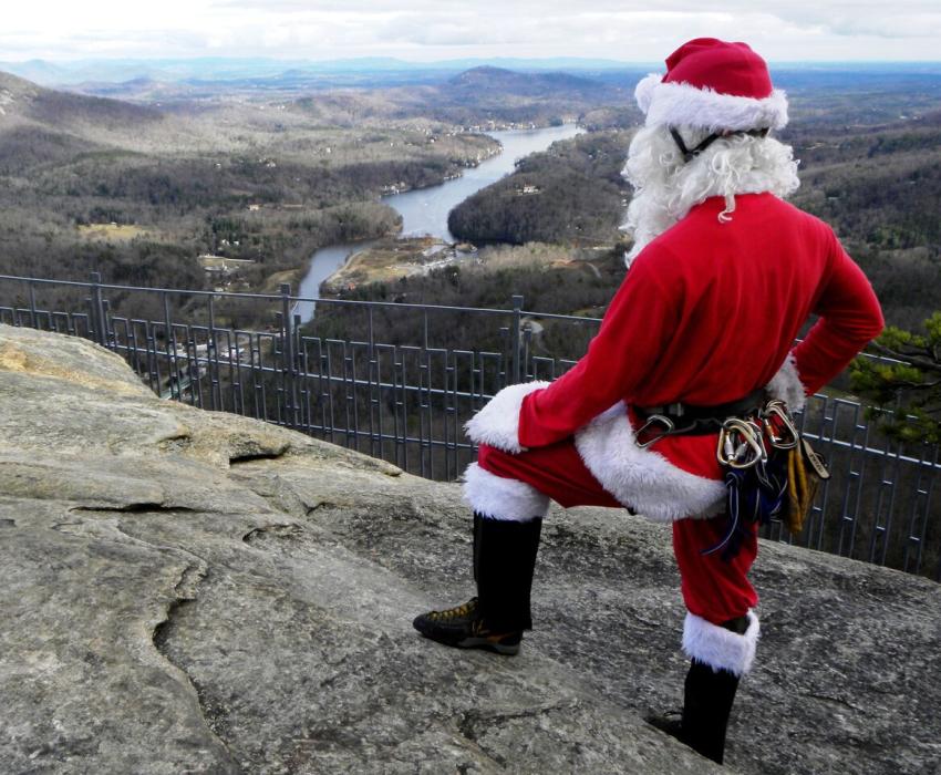 Santa looking out at the gorgeous view from Chimney Rock State Park.