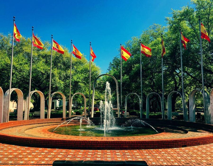 Spanish Flags and Fountain At Spanish Plaza Park In Mobile, AL