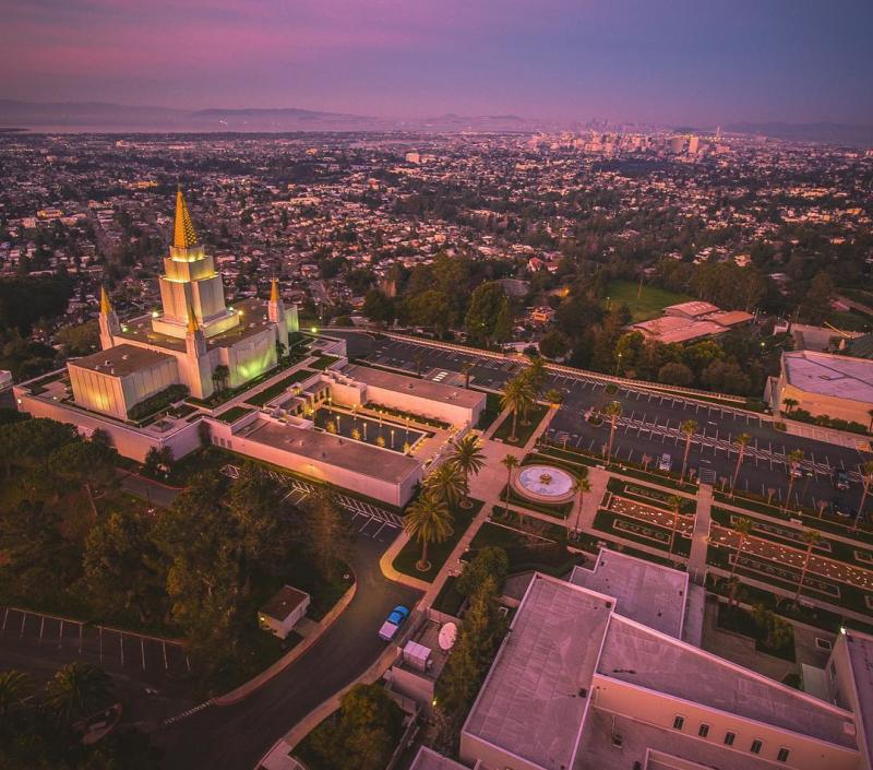 Oakland Mormon Temple aerial view at dusk