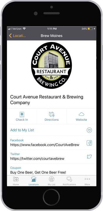 Brew Moines app individual location